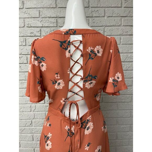 June & Hudson Floral Faux Wrap Lace-Up Back Dress Size M - Picture 5 of 11